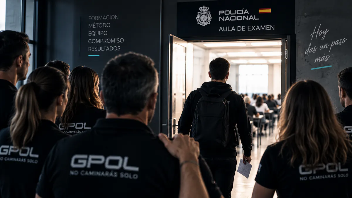 Opositor entrando al aula del examen de Policía Nacional acompañado por el equipo de GPOL