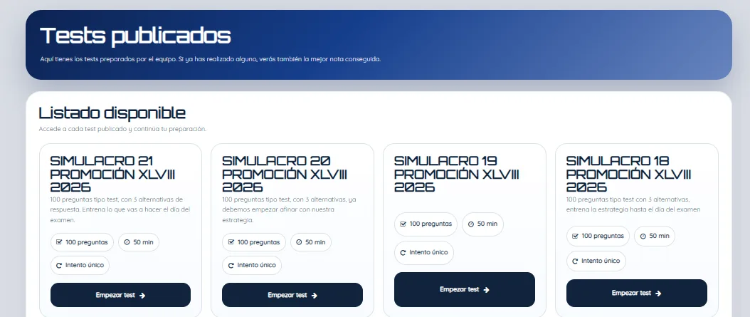 Simulacros y test organizados en la plataforma online de GPOL